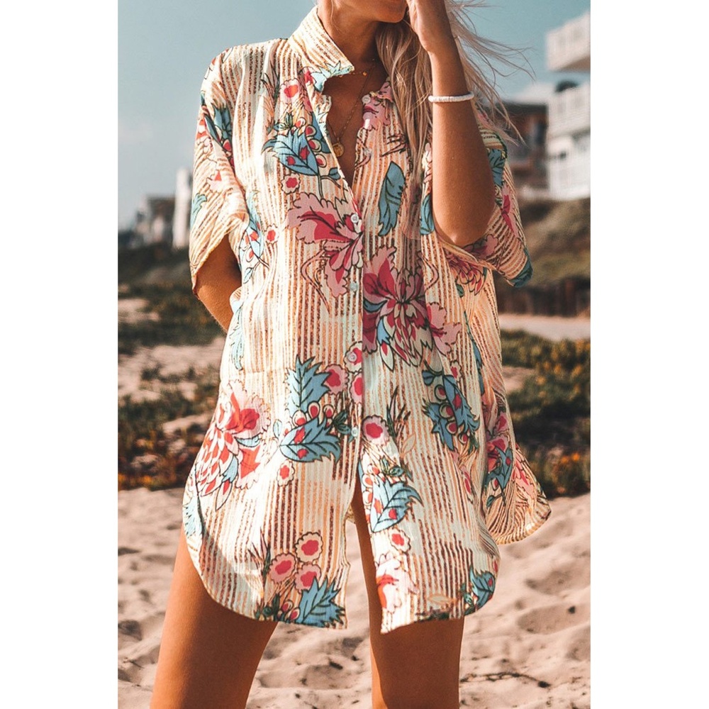 CUPSHE Striped Floral Buttoned Cover Up